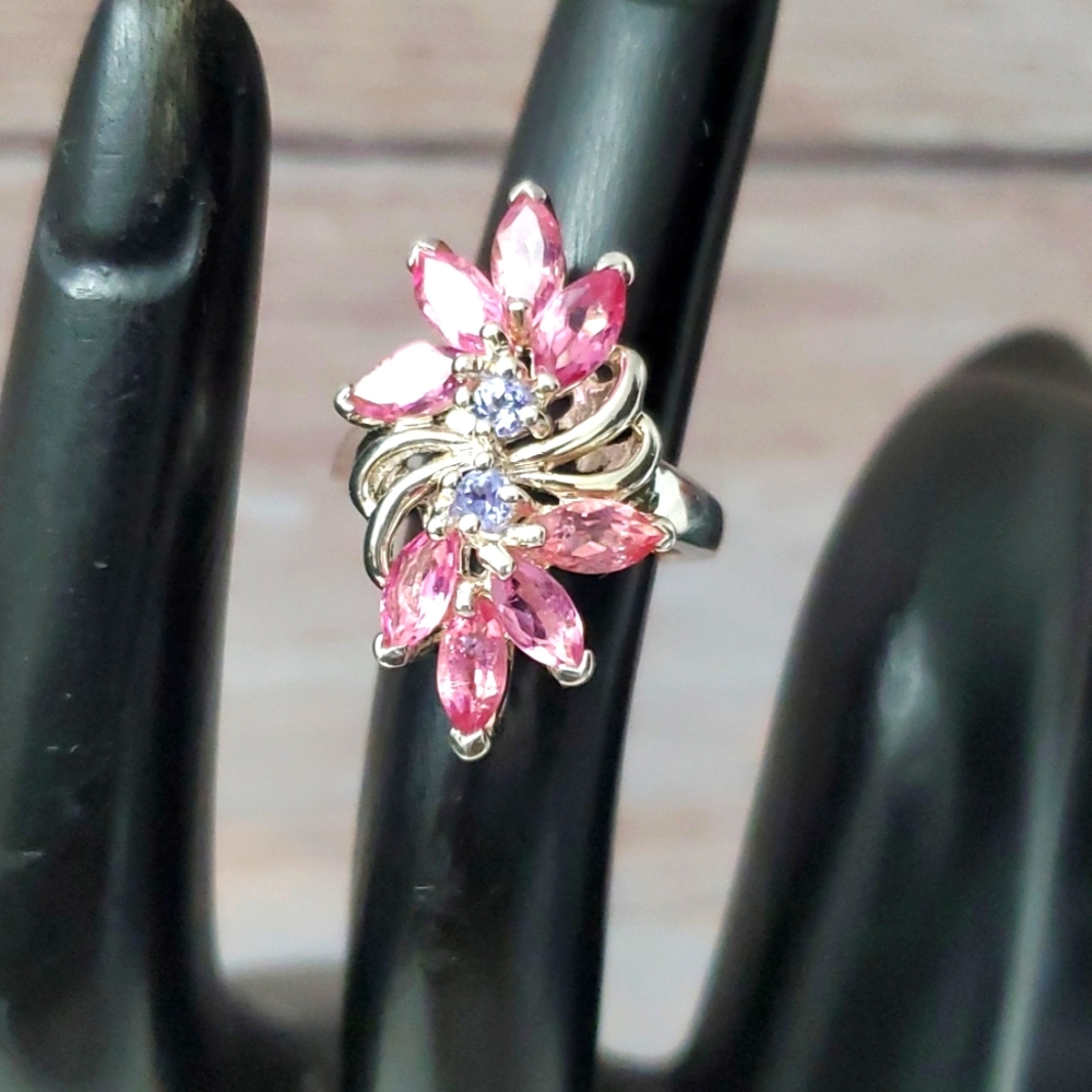 Sterling Silver 925 Pink Topaz and Tanzanite Flower Ring